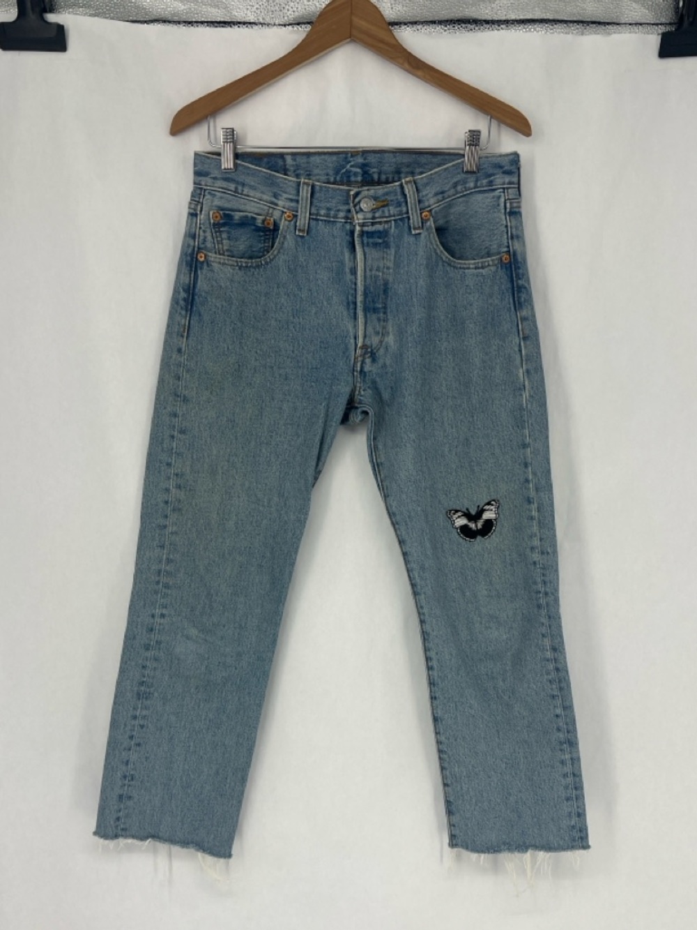 Levi's Light Blue 501s with Butterfly thunderbolt Patches